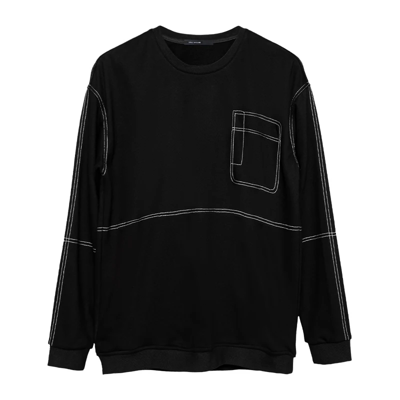 2023 Autumn Fresh Air Trend Men's Bright Line Design Leisure Crew Casual All-Matching Long Sleeve Sweater Tops Black Sweatshirt