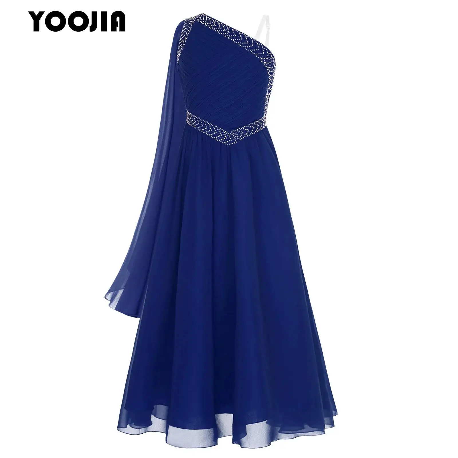 

Fancy Chiffon Flower Girl Dresses One Shoulder Sleeveless Junior Bridesmaid Dress Ruched Bodice Long Dress Gown with Drape