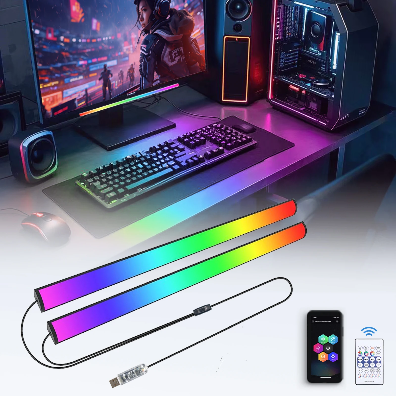 2-in-1-rgbモニターライトバー、rgb-ledゲーミング雰囲気ライト、usb電源で動作、rgbモード切替コントローラー付き、雰囲気照明
