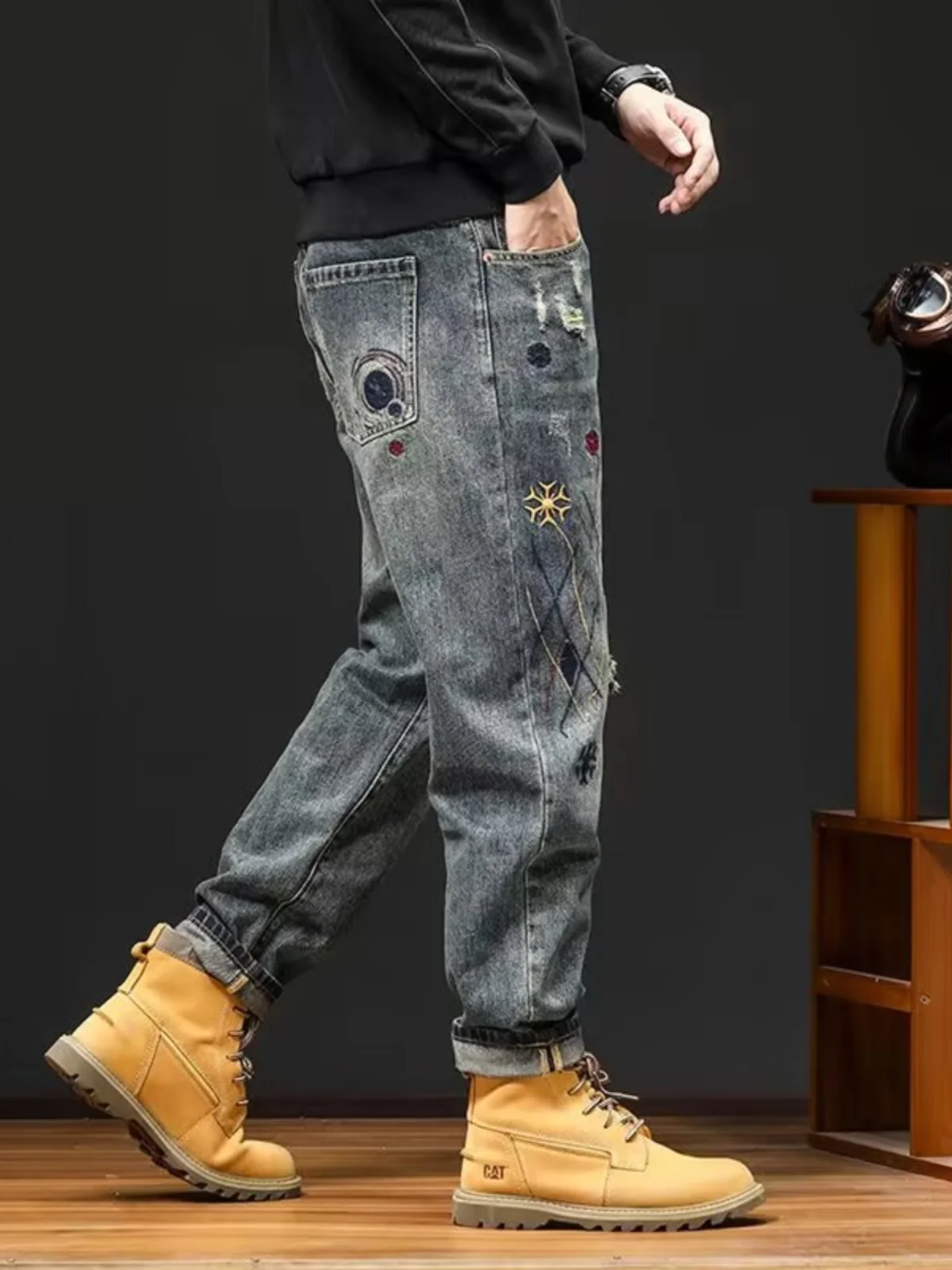 Calças Jeans Masculinas Estilo Retrô com Patchwork e Furos, Novas Calças Casuais Americanas de Alta Moda, Calças Longas da Pr...