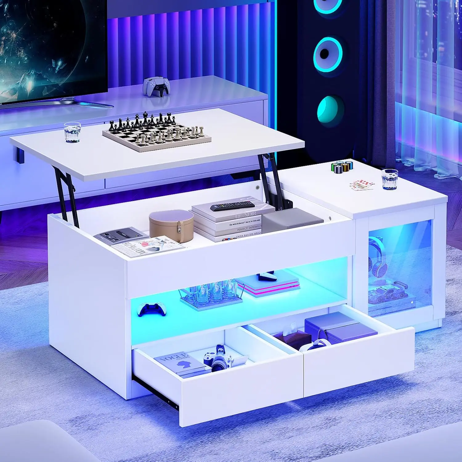 

39.4" Lift Top Coffee Table LED Drawers Glass Cabinet Living Room White Customized