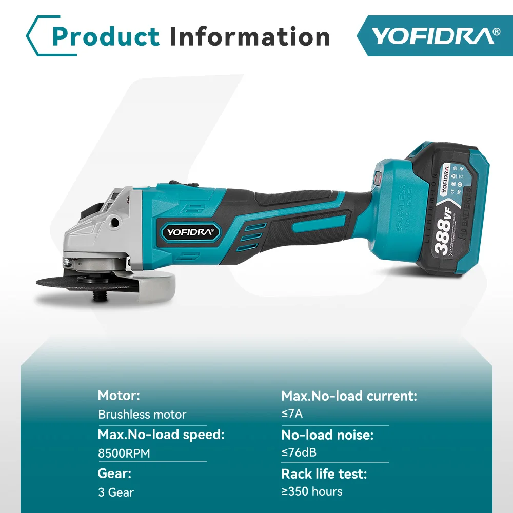 YOFIDRA 125mm Brushless Electric Angle Grinder Digital Display 3 Gear Cordless Polishing Woodworking Tool For Makita 18V Battery