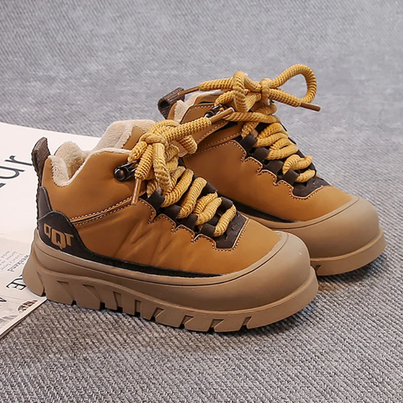 

Зимние детские непромокаемые плюшевые ботинки из искусственной кожи, теплая хлопковая обувь для мальчиков, детские теплые зимние ботинки на толстой подошве на платформе