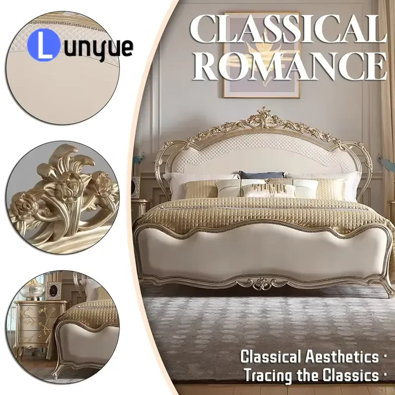 Antique Handmade Solid Wood Double Bed Deluxe Upholstered Queen Size Bedroom Furniture Classic Vintage Style Home Decor