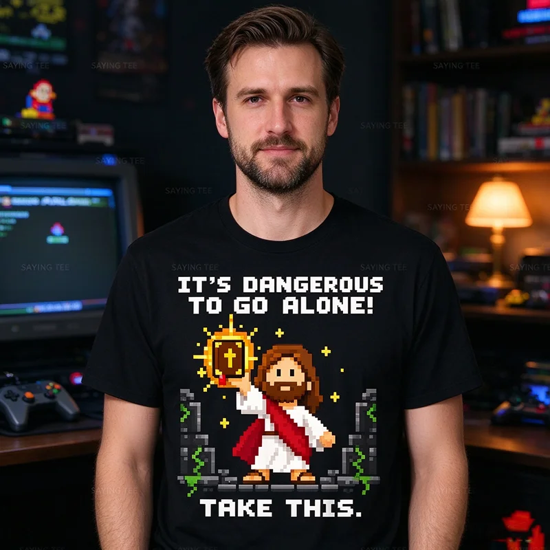 It's Dangerous To Go Alone Take This Christian Gamer Jesus T Shirt Y2k Video Game Bible Christian Gaming T-Shirt Saying Tee Gift