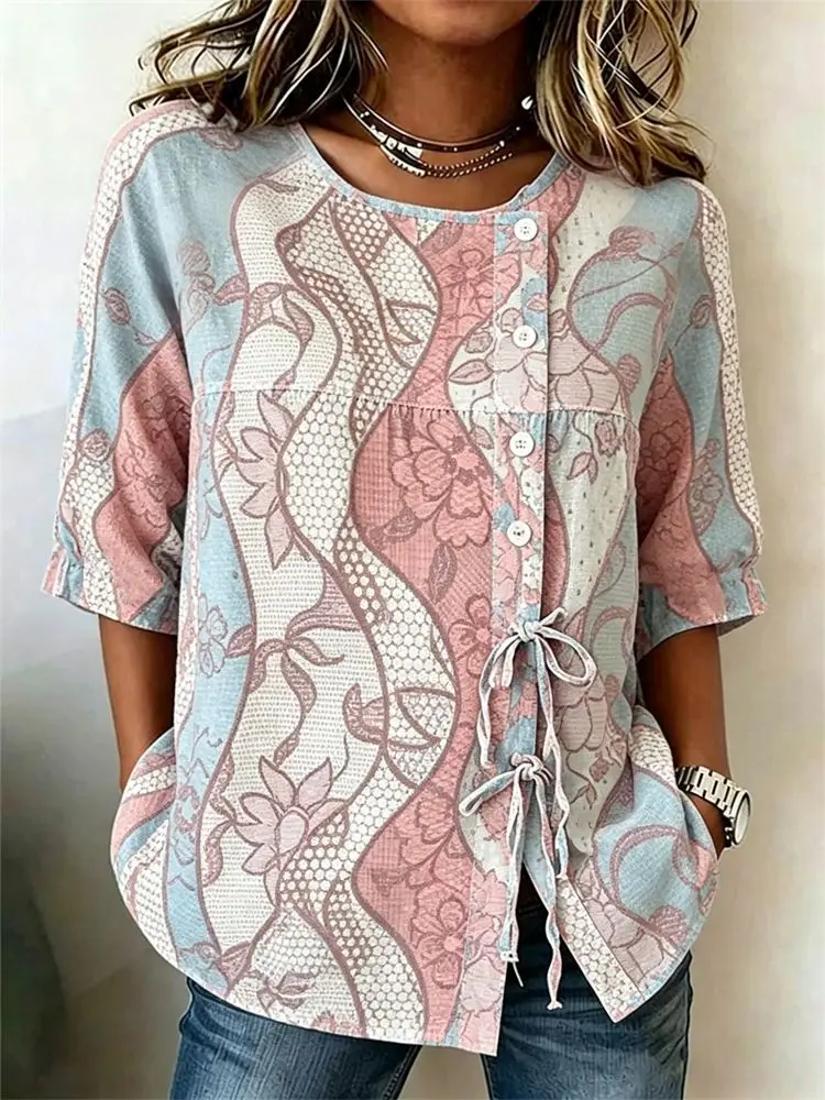 

Women's Vintage Patchwork Floral Print Casual Blouse, Button Tie Front Loose Top with Pockets for Spring Summer Daily Wear