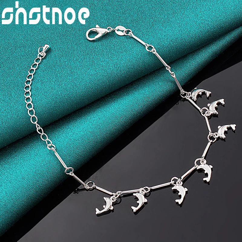 SHSTONE 925 Sterling Silver Bracelets For Women Party Wedding Christmas Fashion Jewelry Cute Gift 7 Dolphin Pendant Chain Bangle