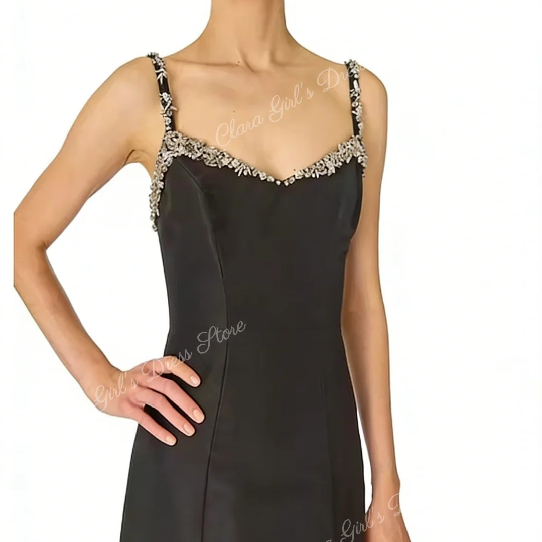 Schwarzes, elegantes Satin-Abendkleid für Damen, Kristall, dünne Träger, ärmellos, ausgestelltes Partykleid