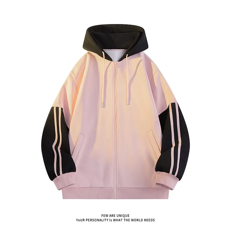 Korean Style Trendy Striped Design Hooded Sweatshirt for Men Women Casual Zipper Cardigan Jacket Contrast Color Unisex Outerwear