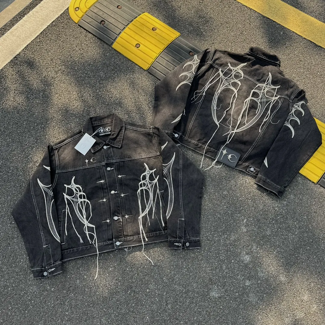 25ss Washed Black Metal Stars Moons Logo Thug Club Jacket Embroidered Tassel Denim Coats Hiphop Street Men Women Denim Jacket