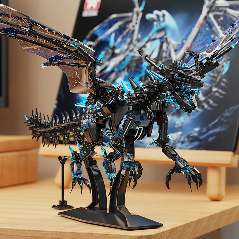 MOC Creative Warcraft Mechanical Ice Dragon Building Blocks Medieval Animal Mecha Flames Dragon Figures Bricks Toy for Kids Gift