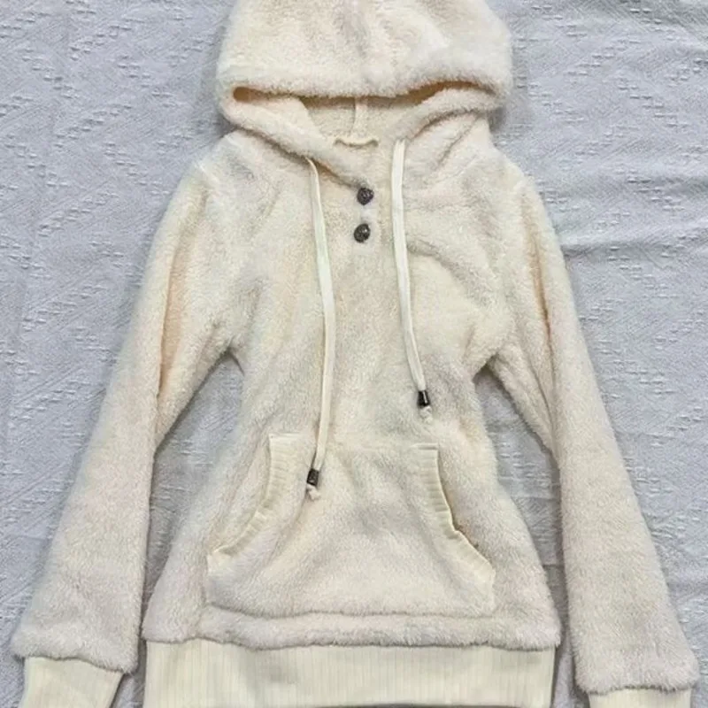 Moletom com Capuz de Fleece para Mulheres, Solto, Sólido, Manga Longa, Casaco Fuzzy, Estilo Preppy, Top Grosso e Doce Harajuku Y2K, Hoodie Coreano Kawaii