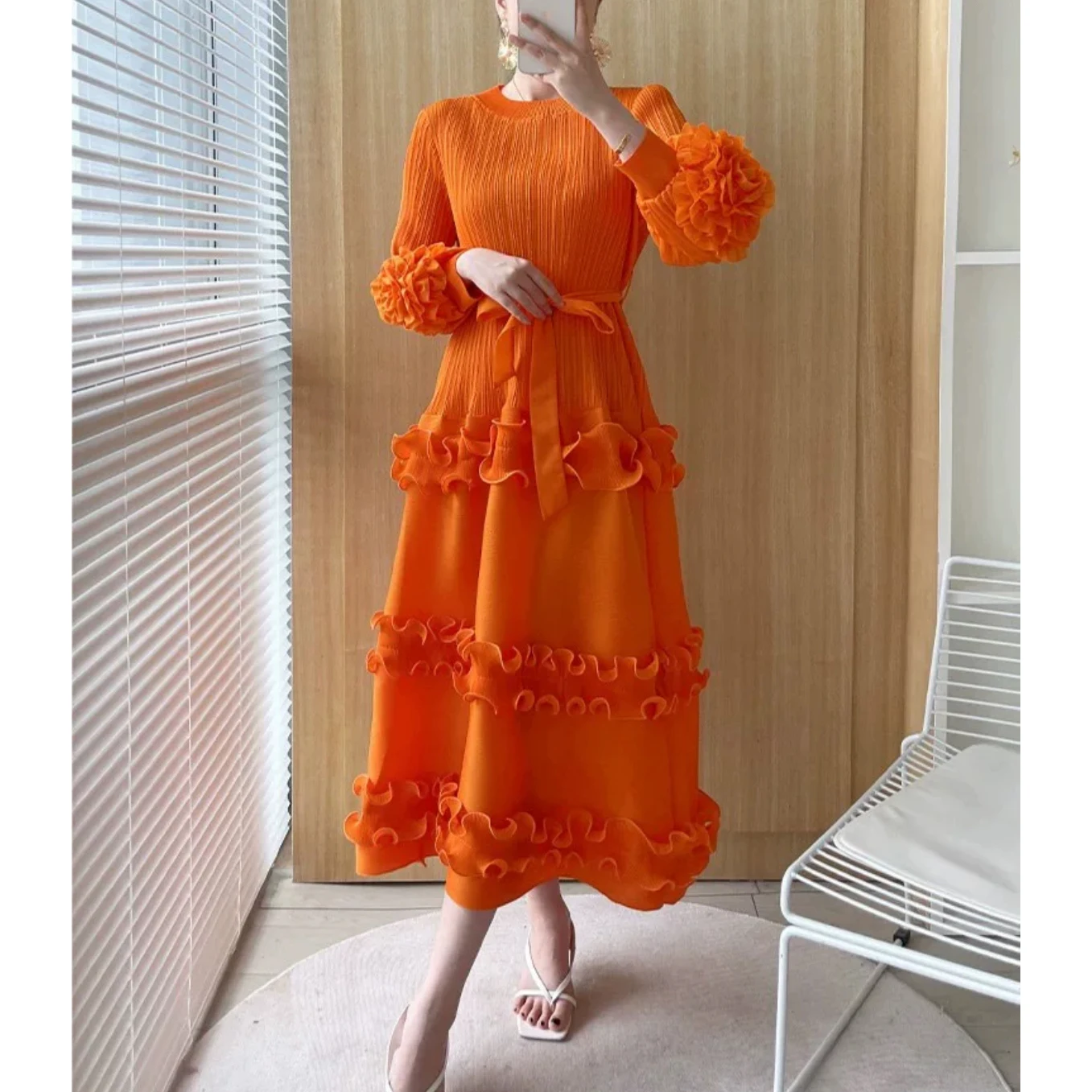 Autumn Women's Dress Design Sense Small Lace Bubble Sleeve Lace-up Mid-length Pleated Skirt Princess Dress Elegante Para Fiesta