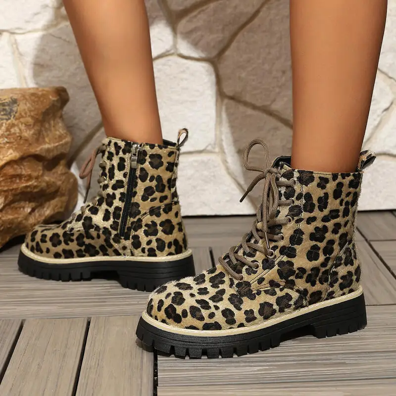 Comfort Thick Bottom Leopard Suede Ankle Boots Women 2026 Spring Lace Up Decoration Side Zip Short Boots Woman's Winter Footwear