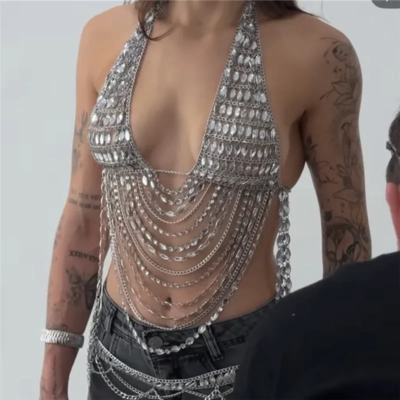 Sparkly Rhinestone Body Top Sexy Women Halter Deep V Multi Tassel Chain Harness Crystal Shimmer Rave Party Club Outfit
