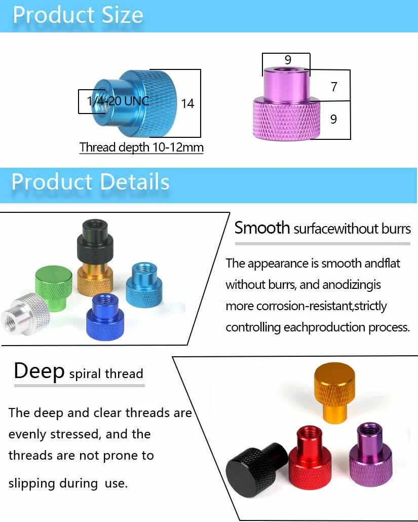 1Pcs 1/4-20 UNC  Aluminum Alloy Anodised Blind Hole Knurled Thumb Nuts Hand Grip Knobs For Camera Mount Tripod