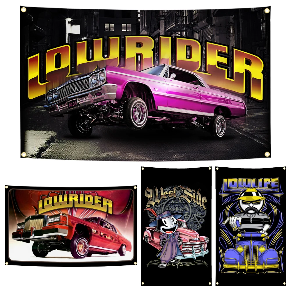 90x150cm LOWRIDERs Classic Car Flag Tapestry Polyester Digital Printing Banner for Garage Wall Art Out Door Decoration