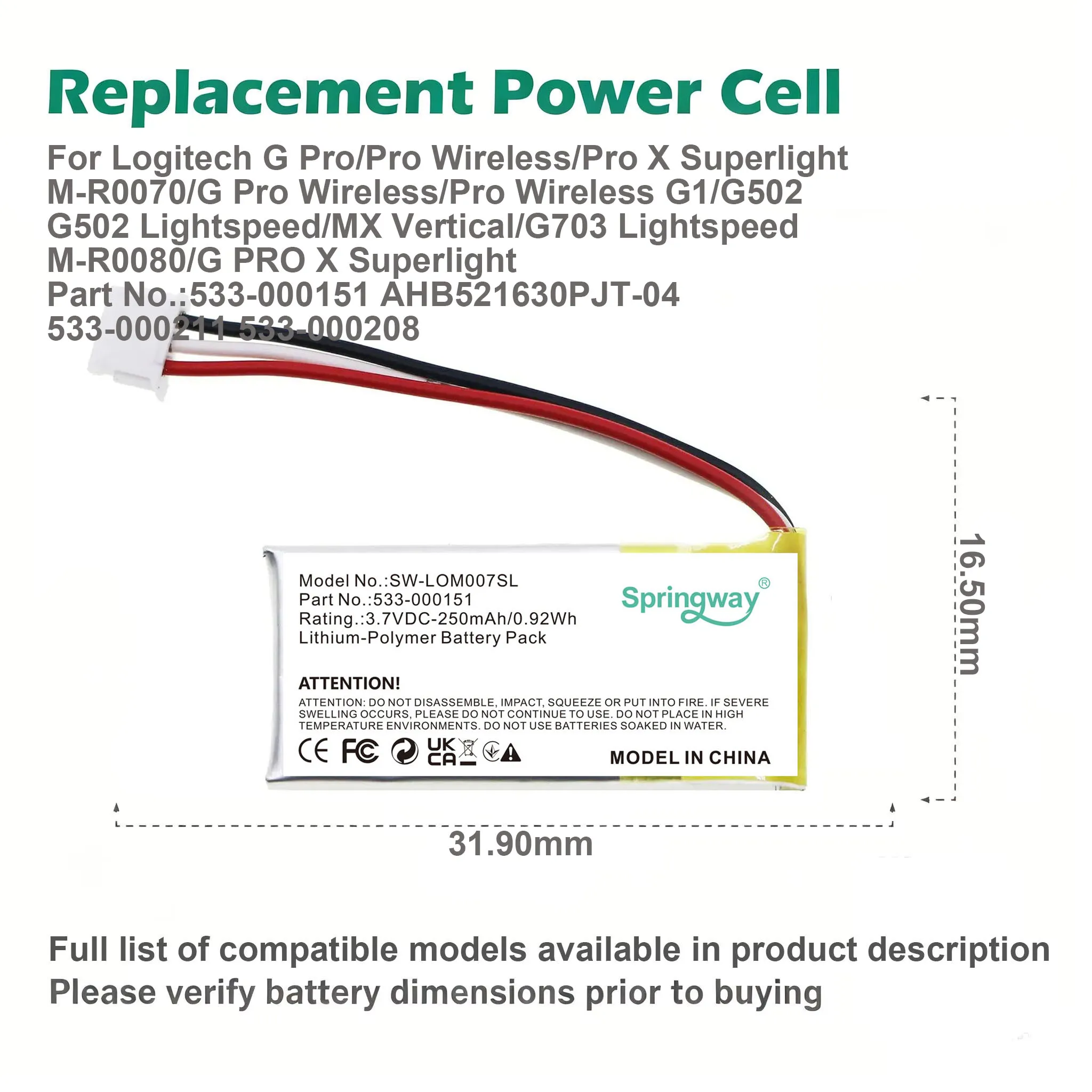 250mAh 3.7V Li-Po Battery SW-LOM007SL 533-000151 AHB521630PJT-04 For Logitech G Pro X Superlight G502 G703 Wireless Gaming Mouse