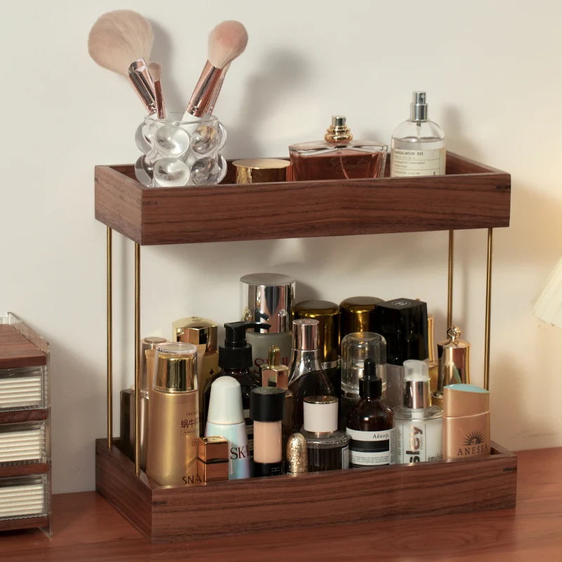 صندوق تخزين مستحضرات التجميل لسطح المكتب من الخشب الفاخر رف عطري مزدوج من الخشب الصلب