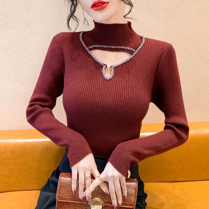 New Hollowed Out Nail Drill Knitted Base Sweater Semi High Neck Knitted Base Sweater Women\'s Inner Top