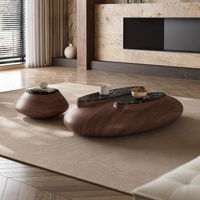 

North American black walnut leather living room cobblestone oval marble coffee table combination