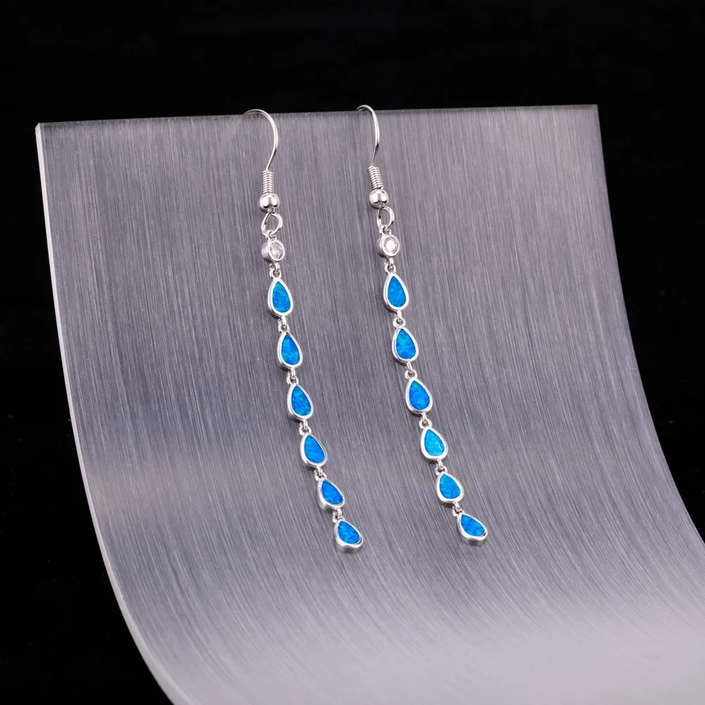 KONGMOON Multi Pear Shape Ocean Blue Fire Opal CZ Jewelry for Women Dangle Drop Earrings