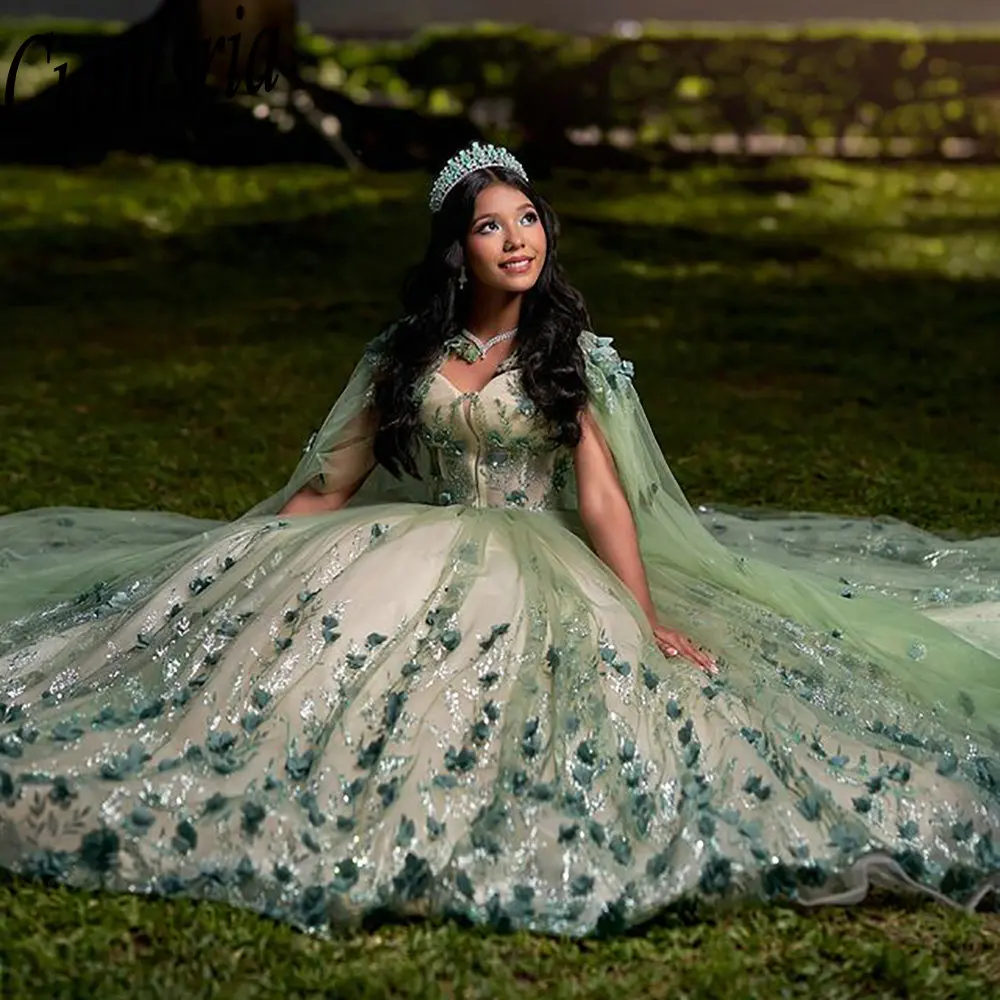 Abiti Quinceanera in pizzo con paillettes fiori 3D verde salvia con abito da ballo a mantella corsetto personalizzato abiti da XV Anos