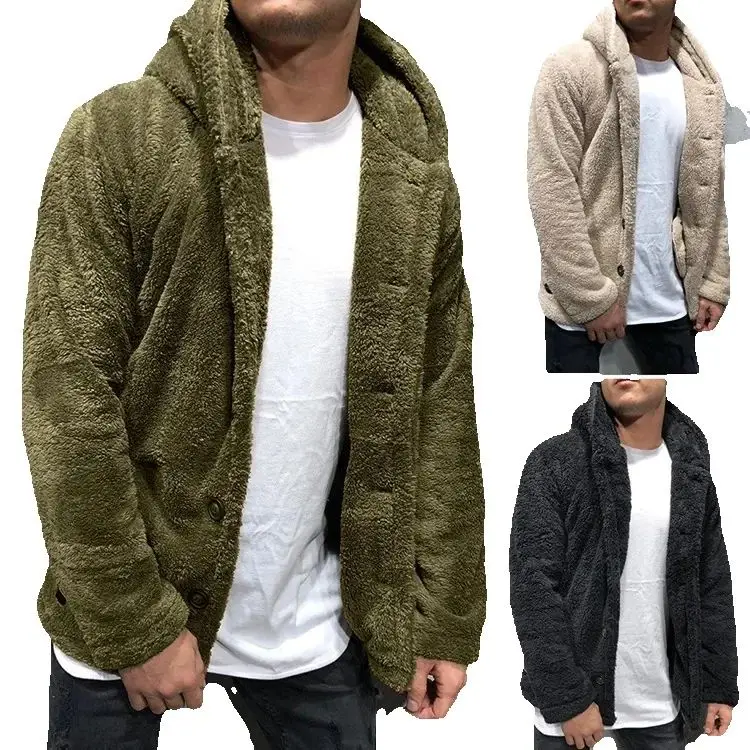 

Mens Plush Hoodie Coat Warm Faux Fur Winter Casual Loose Buttons Double-Sided Fluffy Fleece Fur Jacket Hoodies Coat Outerwear