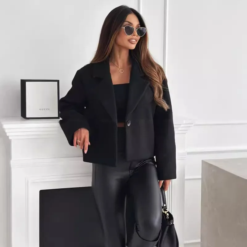 Women Lapel Single-Breasted Cropped Wool Coat Chic Tailored Jacket for Office or Daily Outings