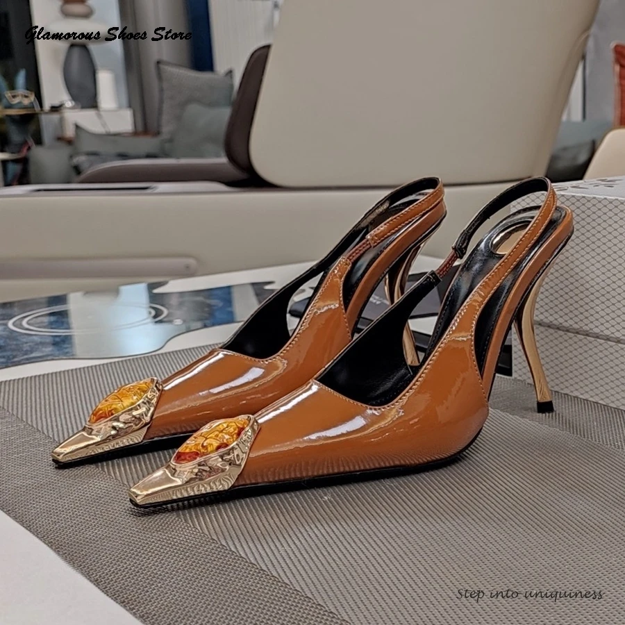 

Gem Embellished Metal Toe Slinbacks Pointed Toe Thin High Heels Women's Sandals Summer Slip On Party Wedding Evening Stilettos
