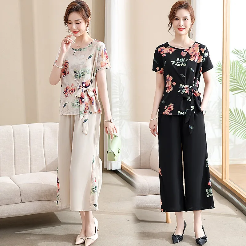 

Fashion Two Piece Set Women Printed Short Sleeve t-shirt Trousers Suit Female Middle Aged Mother Pantsuits