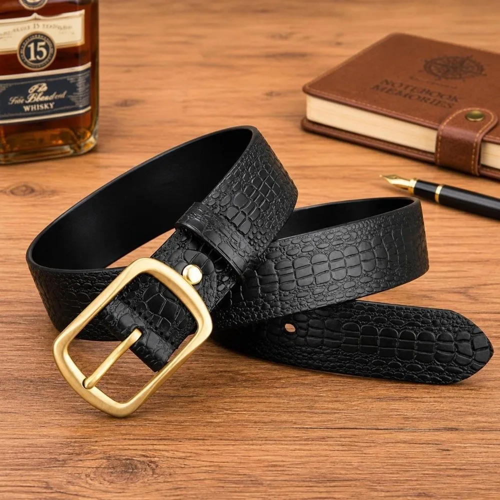 Embossed Texture Faux Leather Belt Alloy Pin Buckle Adjustable Crocodile Grain Belt Durable Stitching Casual Dress Belt For Men