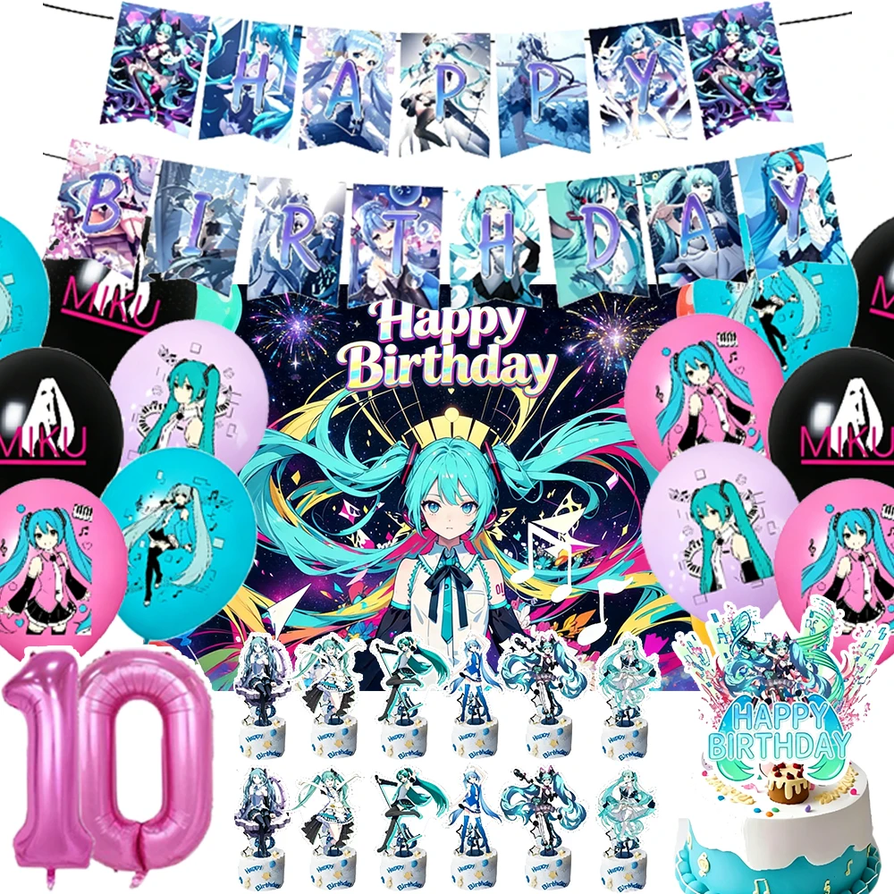 Kit de Decoração de Aniversário Hatsune Miku: Banner, Balões, Topos de Bolo e Cenário de Fundo para Festa Infantil