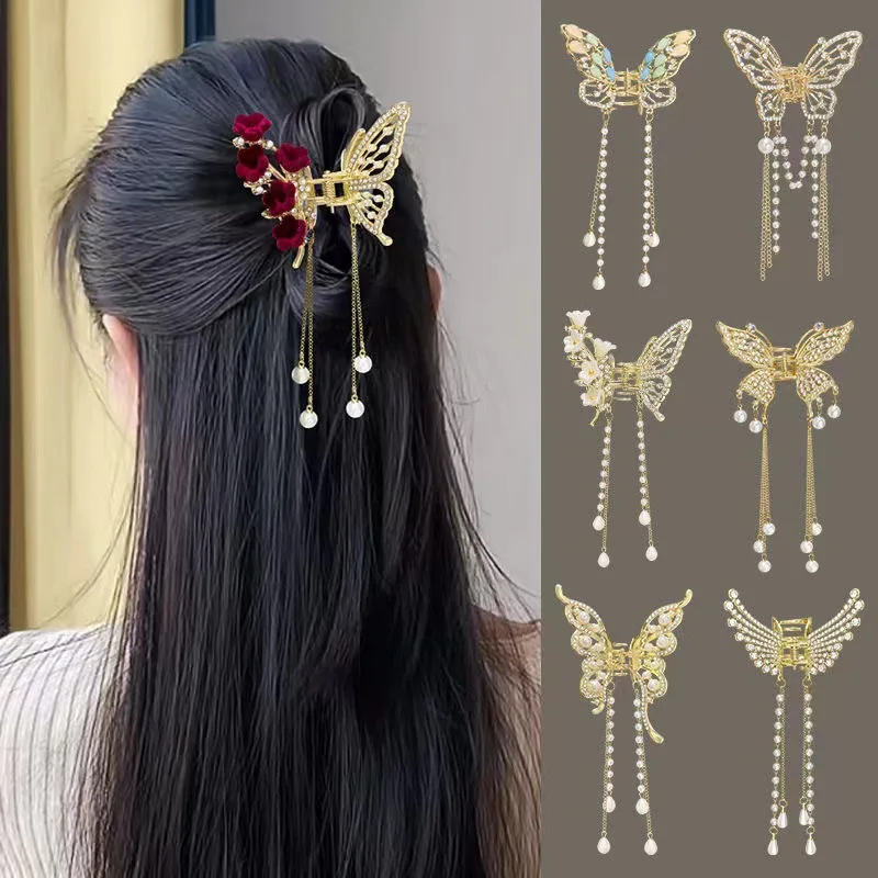 1PC Korean New Ponytail Braid Pearl Hairpin Exquisite Rhinestone Butterfly Fringe Hair Claw Clips Girl Crab Metal Headdress Gift