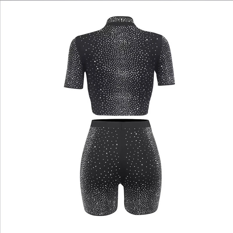 Women\'s Sexy V-neck rhinestone short sleeved shorts sports Two-piece set Ultimate Waist Hip ratio Clothing 2024 New Item