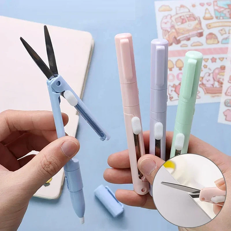 Mini Colorful Folding Scissors Paper Cutter Knife 2 In 1 Multifunctional Pocket Pen Shape Scrapbooking Carving Cutting Art Tools