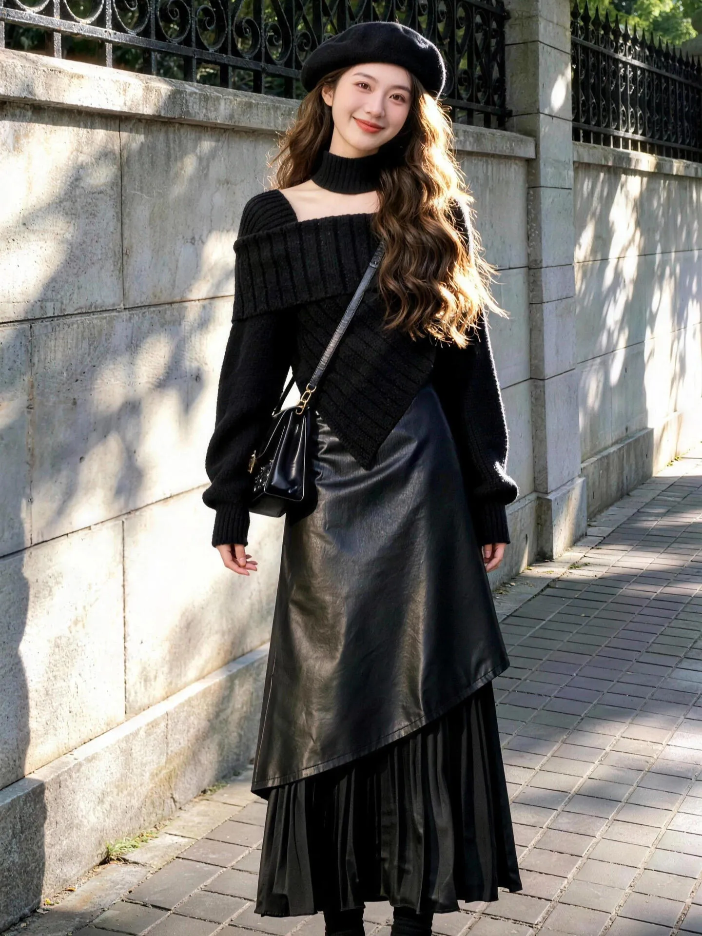 

Korean Sle Bla Square Collar Two-Piece Set Women's Faion Spring New Skirt Design Sensation Casual Long Sve Dres
