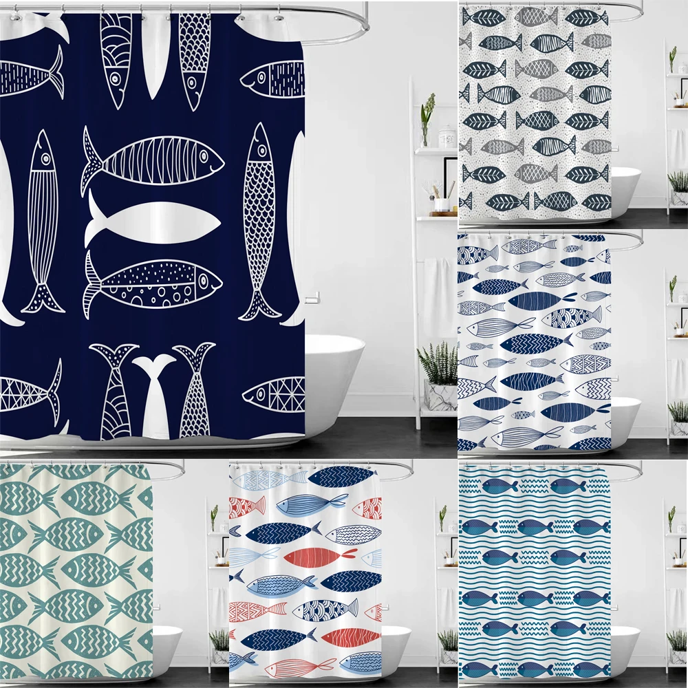 Blue Fish Shower Curtain Simple Abstract Fish Oriental Artistic White Background Waterproof Fabric Bathroom Decor Curtain