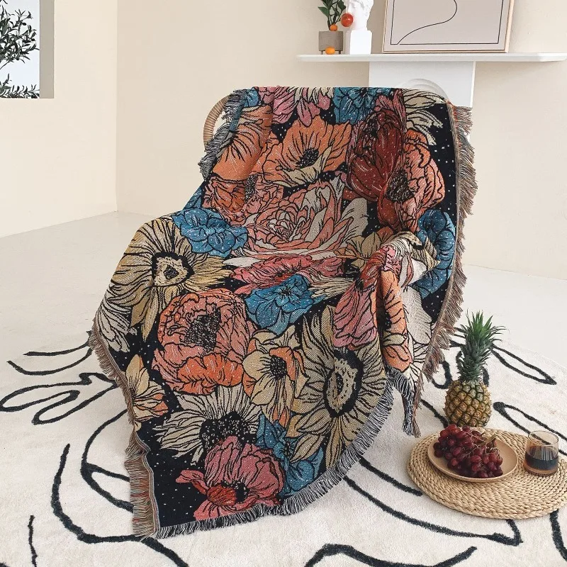 

Bohemian Vintage Flower Tassel Sofa Throw Blanket, Multi-functional Woven Couch Cover for Living Room, Bedroom & Outdoor Use