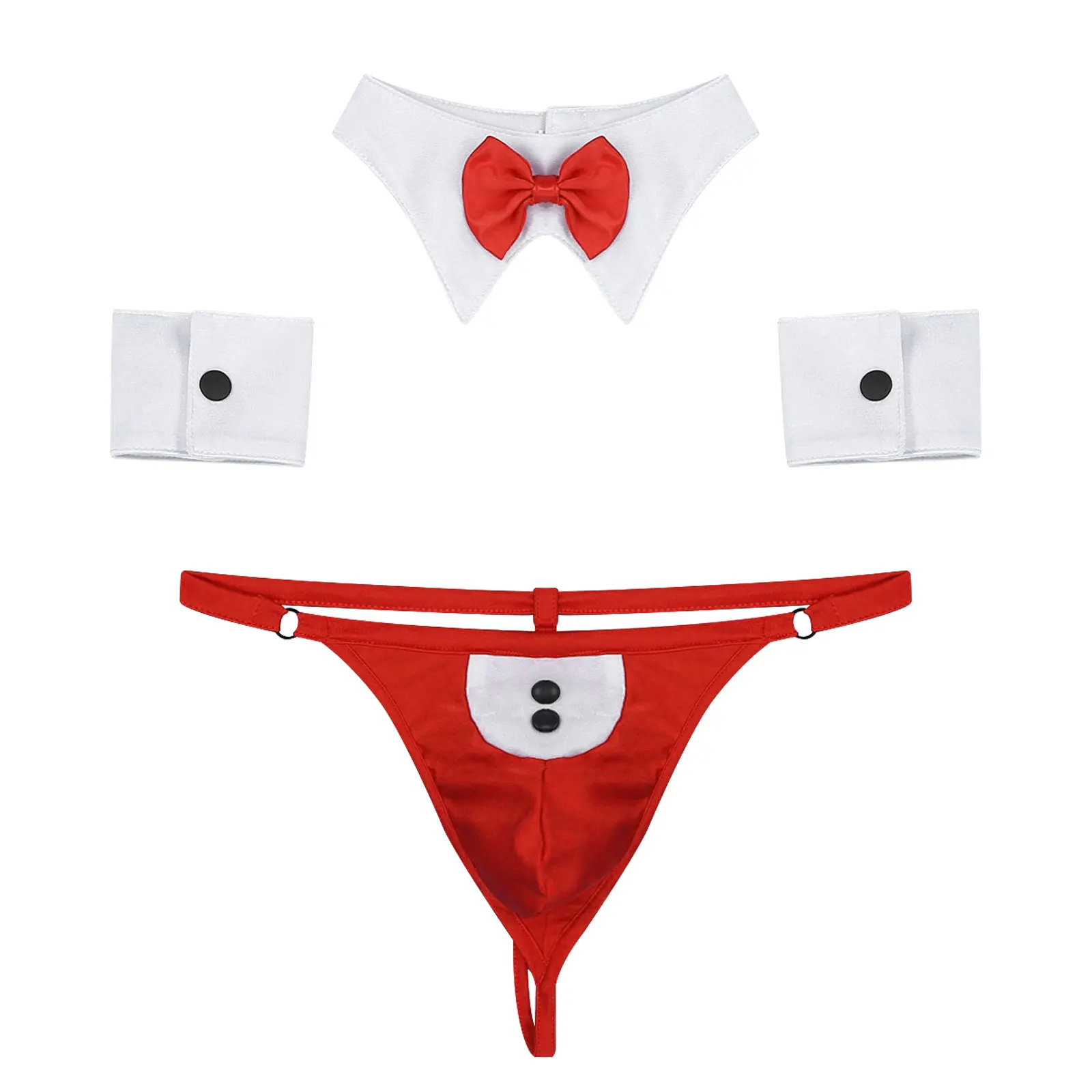 3Pcs Mens Waiter Tuxedo Lingerie Sexy Cosplay Costume Open Back G-string Jockstraps Underwear with Bow Tie Collar and Bracelets