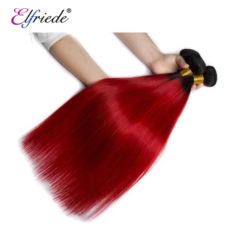 Elfriade-extensiones de cabello humano liso con malla Frontal transparente, mechones de pelo liso de color ombré 1B/rojo, 3 mechones, 13x4