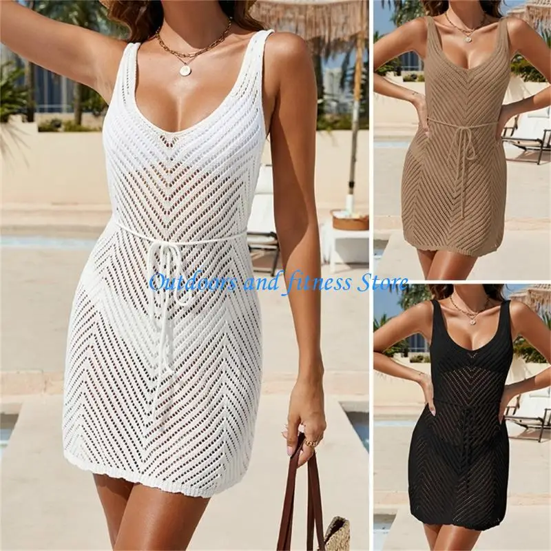 

H053 Crochet Bikinis Coverup Hollow Swimwear Cover Up Dress for Swimmg Pool Beach