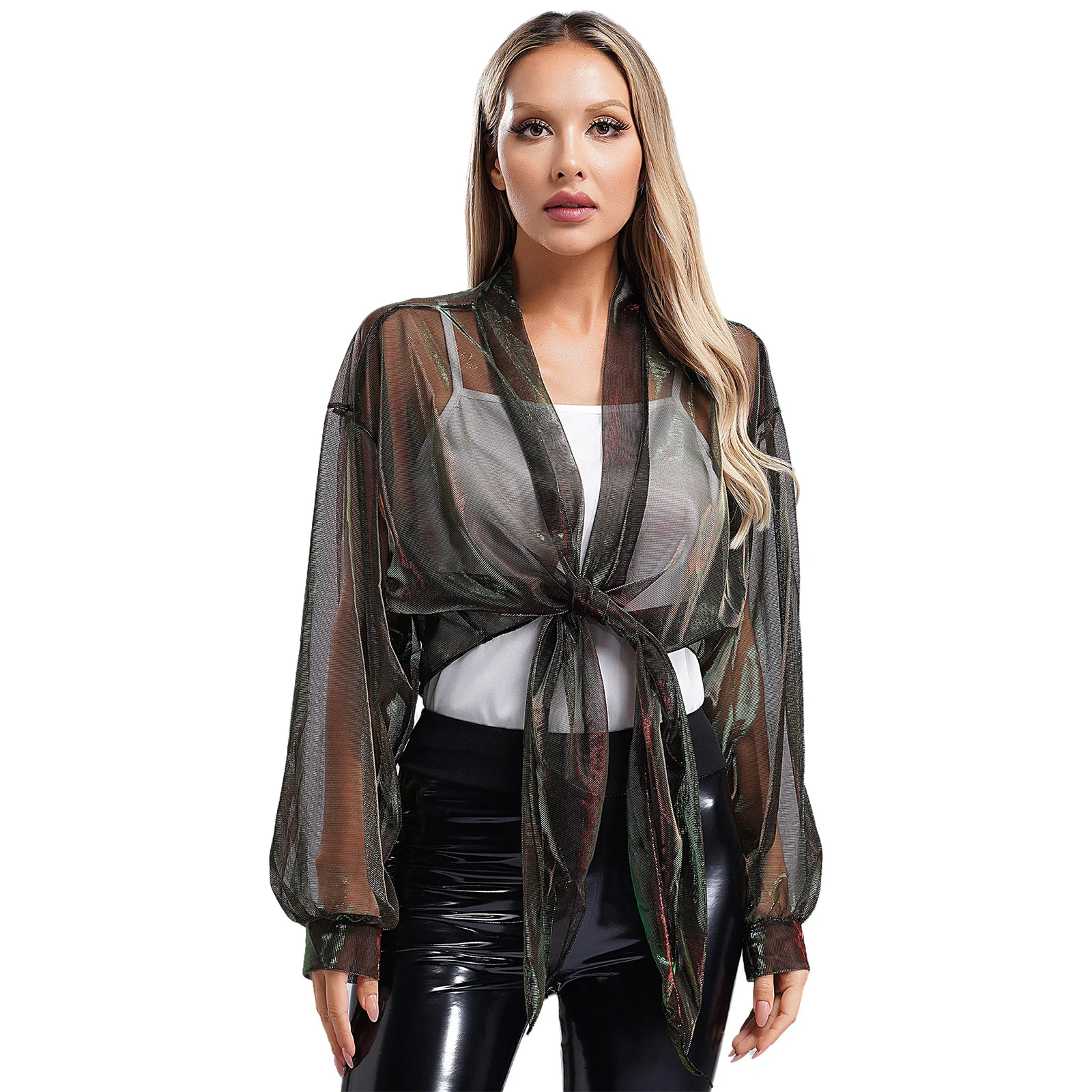 Women Bridal Shawl Long Sleeve Shimmering Shrug Jacket Open Front Lace-up Cardigan See-Through Wraps Outerwear Dress Accessories