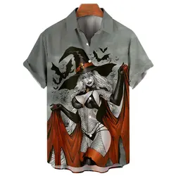 Witch 3d Print Hawaiian Shirt Men's Oversized Casual Harajuku Style Lapel Halloween Shirt Men's Clothes