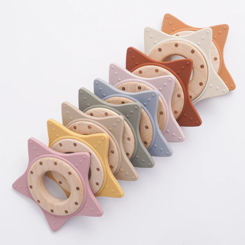 1PC Silicone Teether Baby Star Shape Wooden Ring Kid Baby Toy Gift BPA Free Silicone Children Chewing Teething Goods