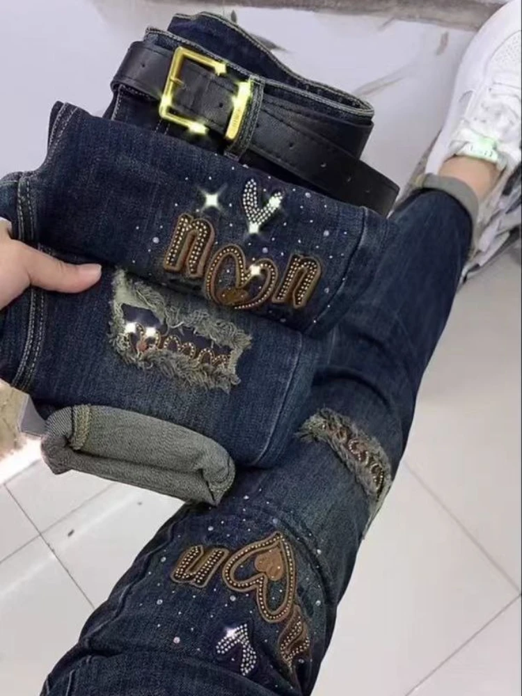 

New style elastic slim fit jeans for women in autumn embroidered nine point fashion slim fit small leg Haren pants