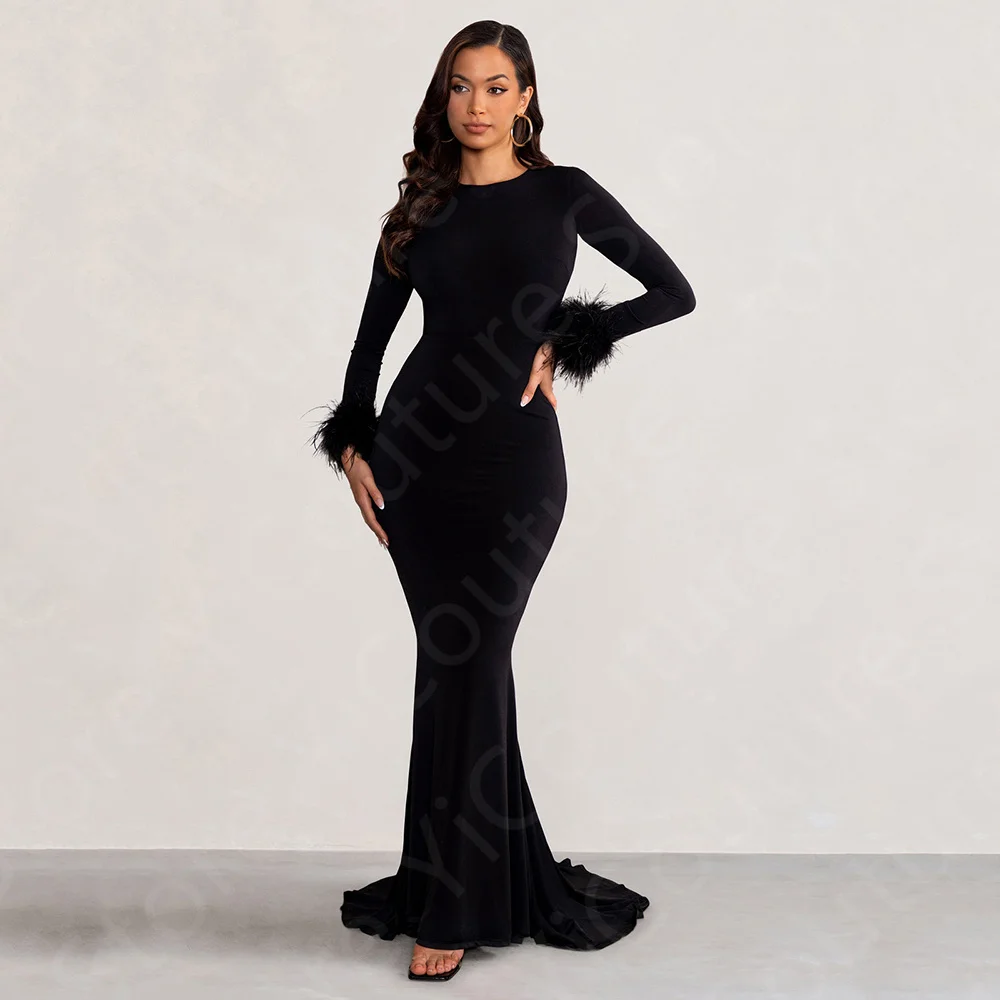 

Customized Elegant Mermaid Evening Dresses Black Long Sleeves Prom Gowns Feathers Wedding Party Dresses 2025 Sweep Train On Sale