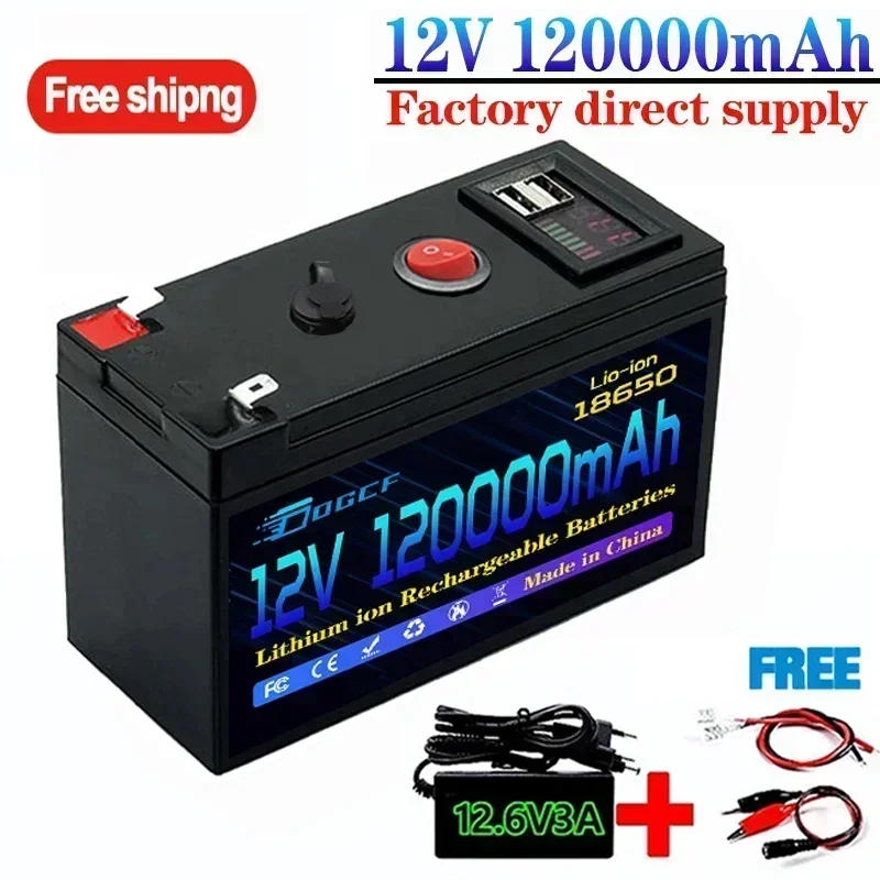 แบตเตอรี่ 12V 120Ah 18650 LiFePO4 แบตเตอรี่ลิเธียมในตัว 5V 2.1A USB Power Display Port Charger + 12.6V 3A Charger