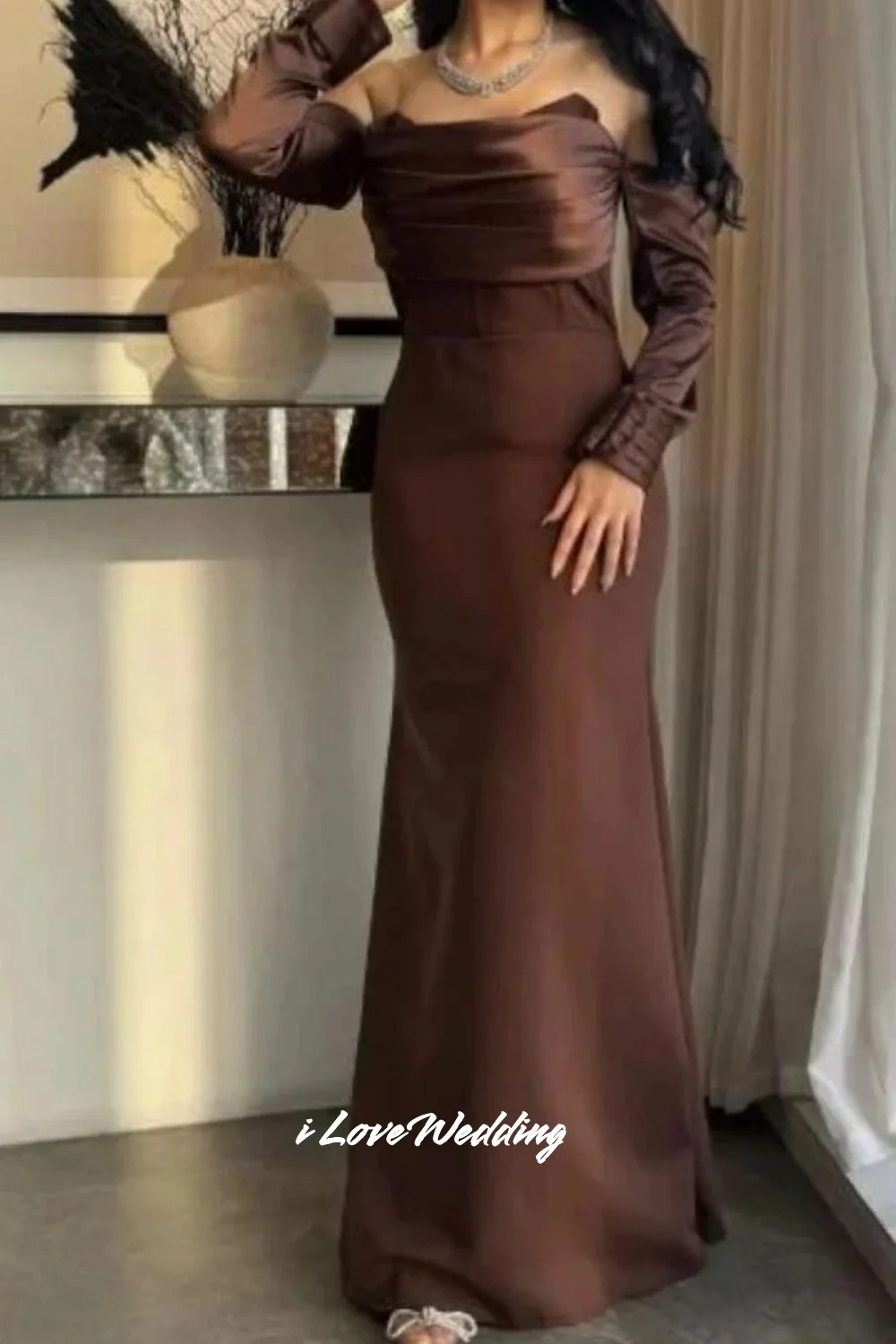 

Brown Strapless Evening Dresses 2025 Satin Long Sleeve Mermaid Floor-Length Prom Dresses Pleated Wedding Party Dresses Customize