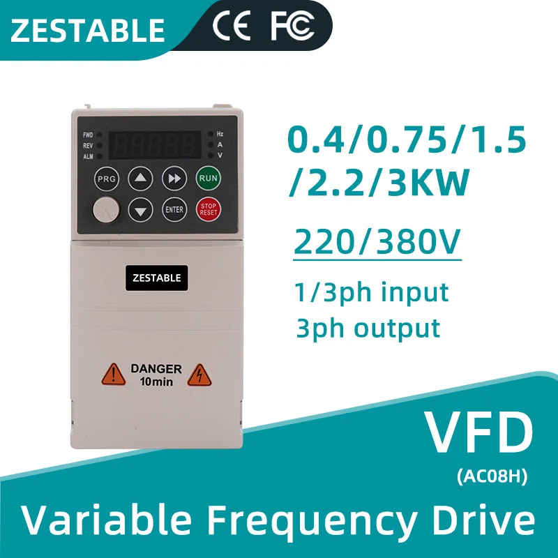 VFD 0.4/0.75/1.5/2.2/3KW Variable Frequency Drive to 220V 380V Three-phase Motors for CNC Spindle Motor, Pump, Fan Speed Control